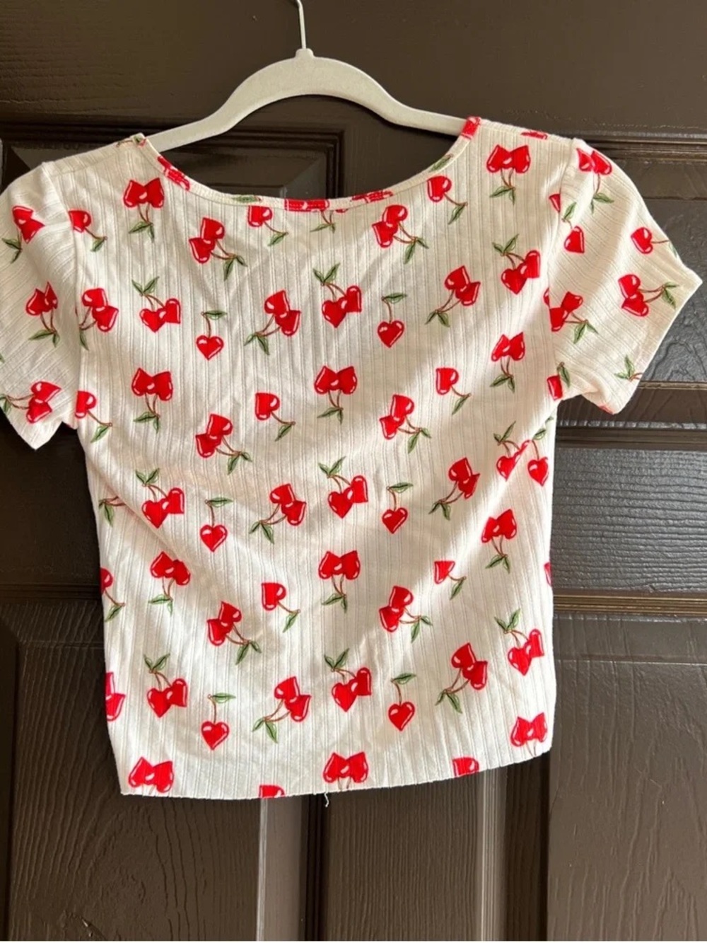 White Cherry Print Short Sleeve Top